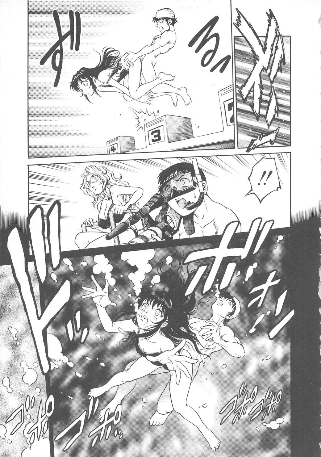 【エロ漫画】【エロ漫画】スクール水着で先輩のチンポをフェラしちゃう淫乱お姉さん…自分も一緒にオナニーをして生ハメ中出し水中セックス【やながわ理央：TAKE.3プールでGO!】