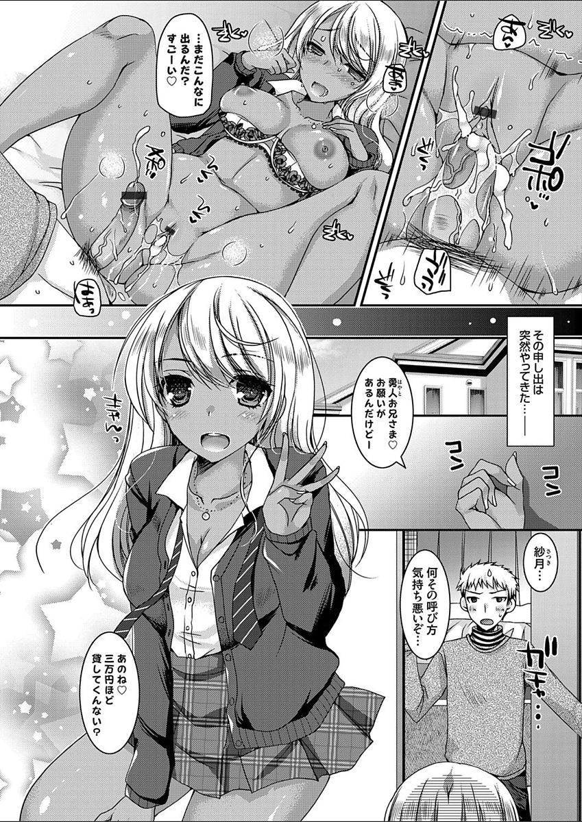 【エロ漫画】【エロ漫画】援交しようと兄に止められる黒ギャルJK妹。お金を貸す約束をした兄に担保としてフェラをして生ハメ近親相姦セックスで中出しされちゃう【上田リエコ：黒ギャル妹の援交を阻止するために童貞を捧げてみた。】