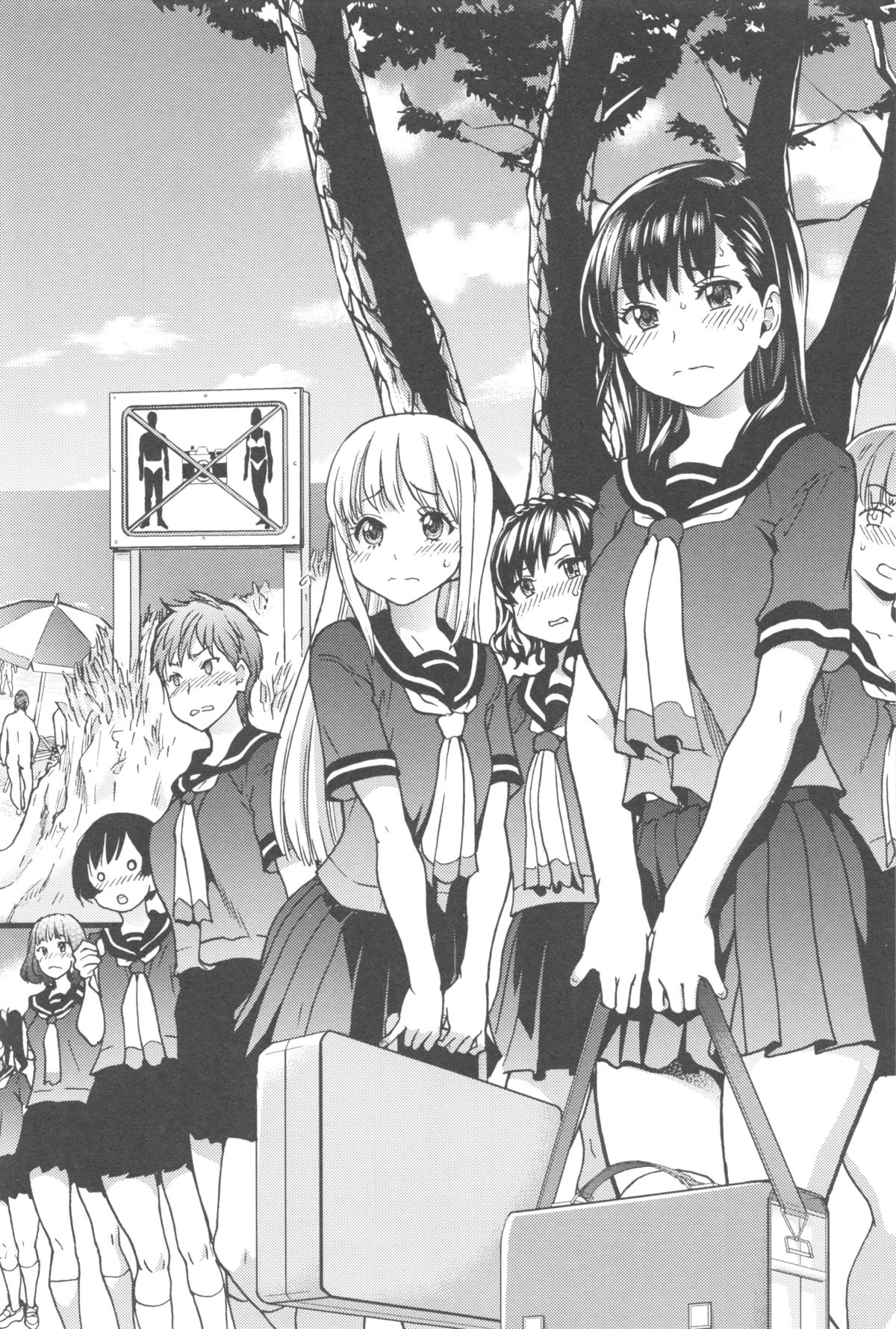 【エロ漫画】【エロ漫画】修学旅行でヌーディストに訪れたJK…彼女たちは男子たちの目の前で全裸になる恥辱プレイを受ける事となってしまう。【師走の翁：ヌーディストビーチに修学旅行で!!】