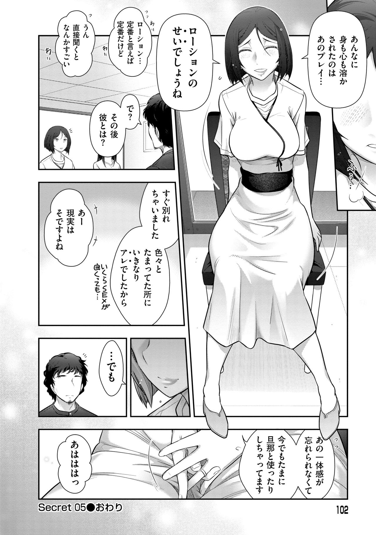 【エロ漫画】【エロ漫画】友人に捨てられた男性と交際を始め、受け身な態度に悩み自らホテルへ誘う人妻…彼の自慢のローションプレイで激しいセックスで絶頂アクメ堕ちしちゃう【大見武士：Secret 05南原 ヒロミさん(29歳)の場合】